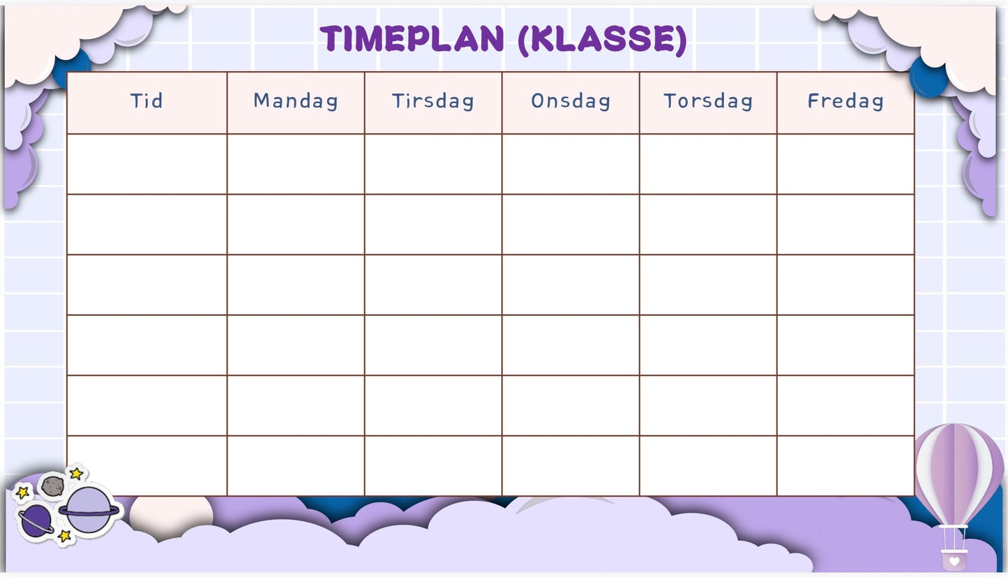 Redigerbar timeplan til klasserommet – lilla – forsiden