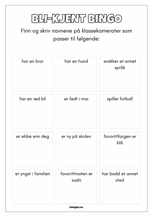 Bli kjent-bingo – gratis isbryter til skolestart