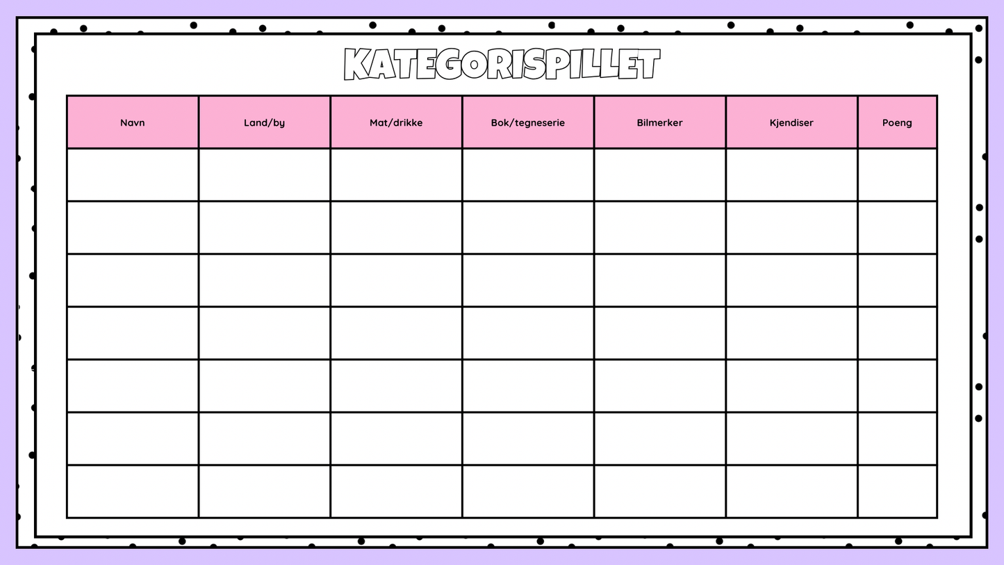 Kategorispillet – gratis gruppespill for klasserommet – eksempelside 1