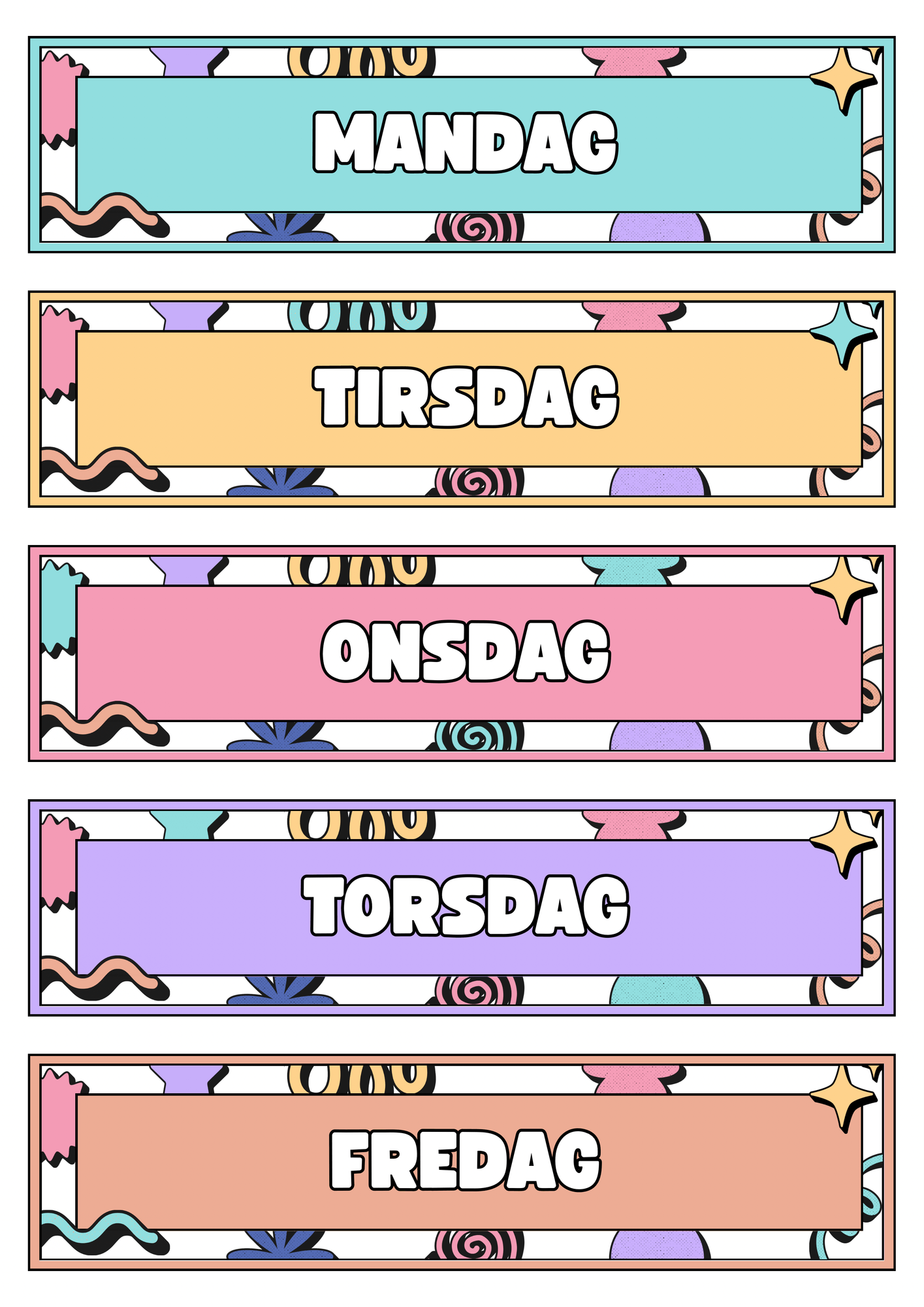 Dagsplan til klasserommet med merkelapper til utstyr – forsiden