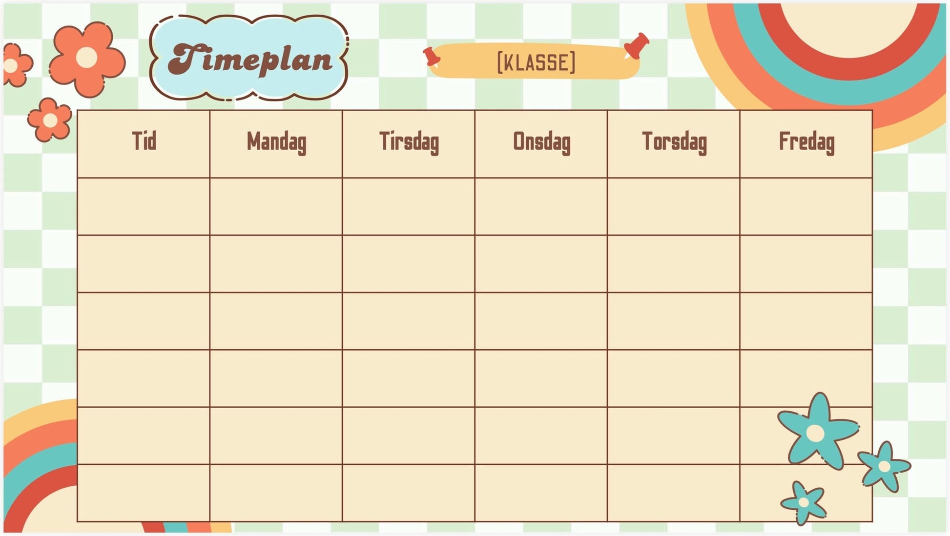 Redigerbar timeplan til klasserommet – fargerik – forsiden
