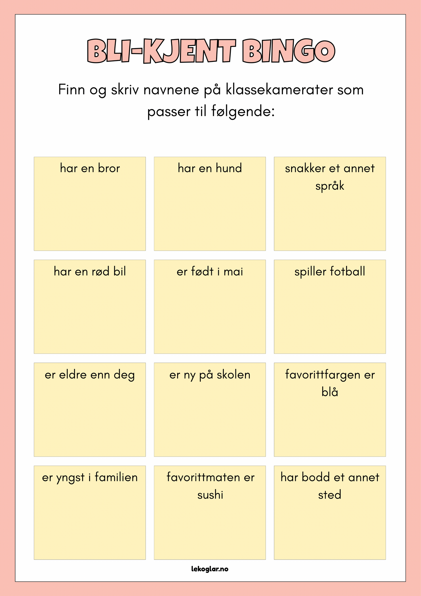 Bli kjent-bingo – gratis isbryter til skolestart